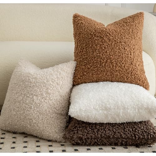 Pack of 2 Curly Teddy Wool Faux Fur Throw Pillow Covers Fuzzy Accent Soft Sherpa Pillowcases Sheepskin Fleece Decorative Cushion Case for Sofa Couch Living Room 24x24 Inch Bronze - color: Bronze, size: 24" x 24" (Pack of 2)