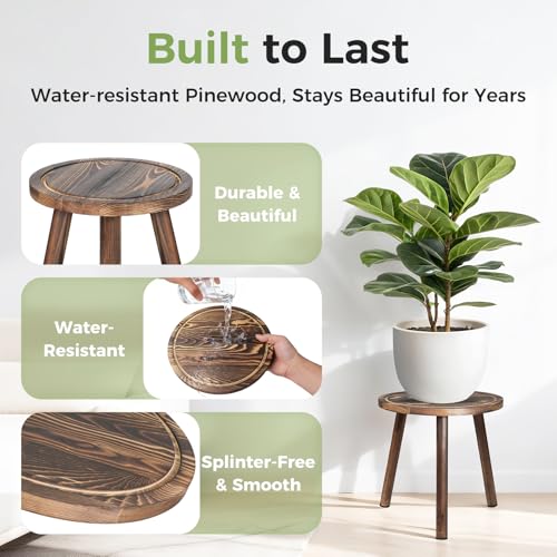 3-Pack Upgrade Thicken Wood Plant Stand Indoor, for 6-12 Inch Pots, Plant Stool Water-resistant Pinewood, Mid Century Modern Decor, Plant Stand 3 Sizes, for Living Room, Balcony, Office(Dark Brown)