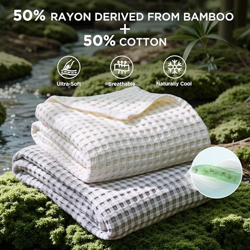 Bedsure Cooling Waffle Queen Size Blanket - Lightweight Cotton Summer Blanket of Rayon Derived from Bamboo for Hot Sleepers, Luxury Throws for Bed, Couch and Sofa, Ivory, 90x90 Inches - color: Ivory, size: Queen (90" X 90")