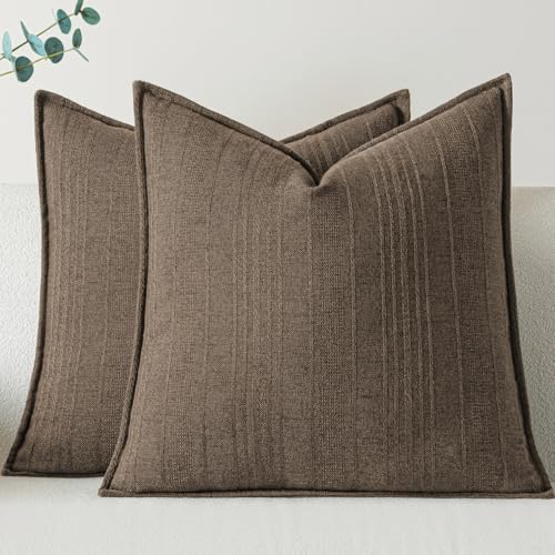 a moment Linen Pillow Covers Set of 2,Boho Farmhouse Throw Pillowcases Neutral Textured Decorative Covers for Couch Sofa,Soft Linen Blend Accent Case Cushion Home Decor 18"x18"Coco Brown - color: Coco Brown, size: 18" x 18" (Pack of 2)