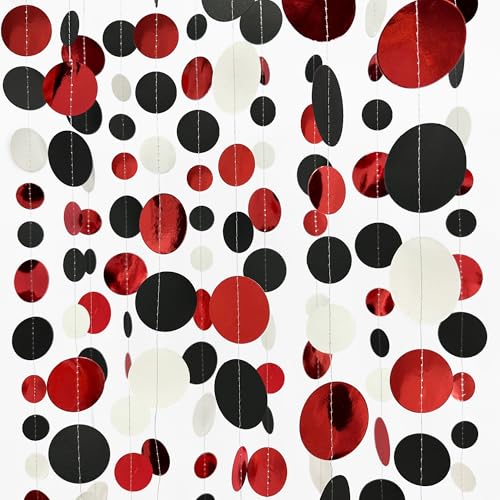 46 Ft Red Black and White Circle Dots Garland Hanging Paper Polka Dots Streamer for Graduations Birthday Bachelorette Engagement Wedding Bridal Shower Holiday Casino Poker Pirate Party Decorations - color: Black Red