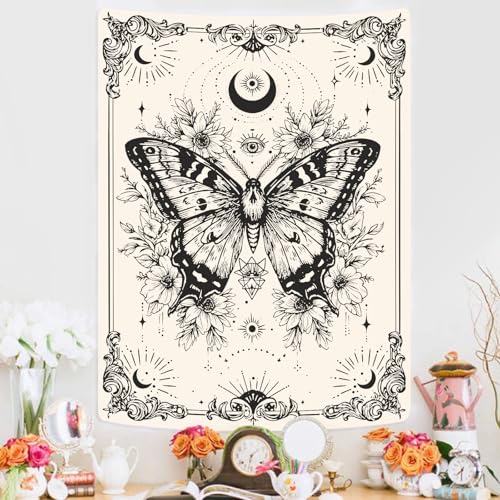 Gruaoihy Boho Beige White Butterfly Tapestry, Aesthetic Moon Wall Hanging for Bedroom Living Room Vertical Decor, 36x48 inches - color: Beige Butterfly, size: 48"L x 36"W
