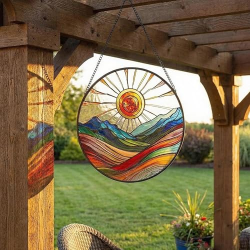 Sun Mountains Stained Glass Window Hanging, 9.8’’Sun Catcher Glass Panel Boho Wall Art Decor with Chain, Hand Painted Round Glass Gifts for Couples, Housewarming Gift - color: Sun Mountains