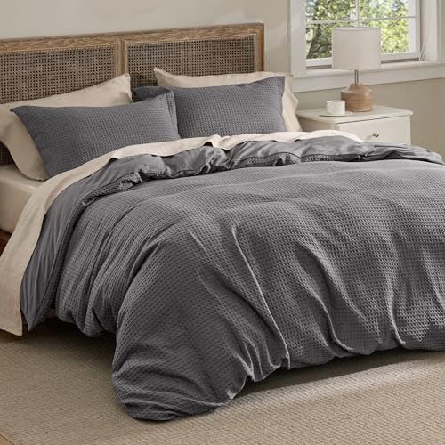 Bedsure Textured Duvet Cover King Size, Soft & Breathable Comforter Cover for All Season, 3 Pieces Wrinkle-Resistant Zipper Bedding with 8 Corner Ties, Dark Grey - color: 10 - Dark Grey (No Comforter), size: King (104" X 90")