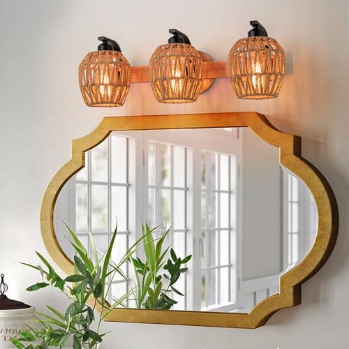 3-Light Rattan Vanity Light Fixtures,Bathroom Lighting Fixtures Over Mirror,Rustic Rattan Lampshade Wood Wall Light Boho Vanity Light Farmhouse Wall Sconces for Kitchen Stairs Bedroom - color: Drum shade