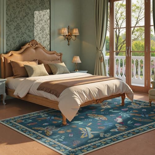 Beeiva Insect Print 5x7 Rug for Bedroom - Soft Washable Non Slip Butterfly Playroom Rugs for Living Room, Stain Resistant Throw Carpet for Office Nursery Dining Room Aesthetic Decor(5'x7',Dark Green) - color: Dark Green, size: 5' x 7' (Rectangular)