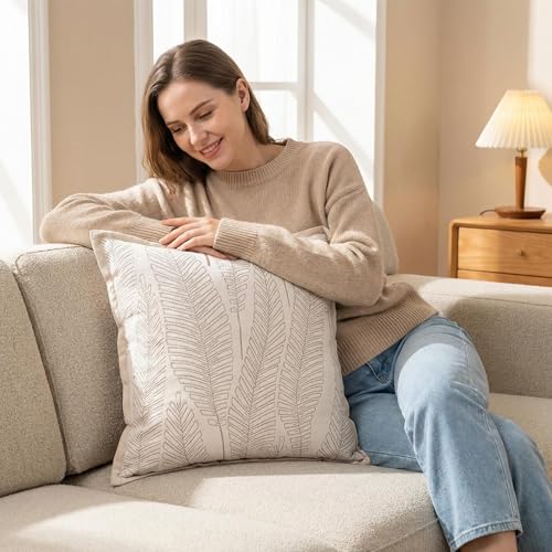 Floral Cushion Covers Leaf Pattern Throw Pillow Covers 20x20 Set of 2 William Morris Decorative Pillow Covers for Bed Couch Living Room Chenille Jacquard Accent Home Decor Cream White - color: Leaf White, size: 20" x 20" (Pack of 2)