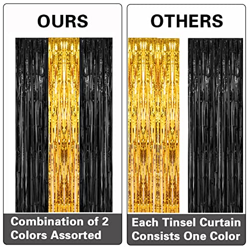 PIGETALE, 2 Pack 3.2x8.2 Feet Black and Gold Tinsel Backdrop Party Decorations, Foil Fringe Curtains Backdrop for Birthday Graduation Wedding Engagement Bridal - color: Black and Gold