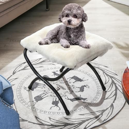 15" Foldable Foot Stool Ottoman with Metal Frame - Washable Faux Fur Beige Upholstered Indoor/Outdoor Footrest for Living Room, Bedroom, Patio - Space-Saving Compact Design - color: Fleece-beige