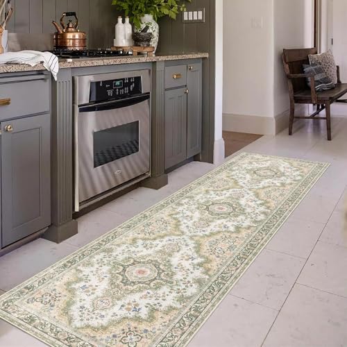 Washable Runner Rug 2'x8',Green Rug Runners Non Slip,Long Boho Rugs for Hallways Kitchen Bathroom Bedroom Entryway,Vintage Bohemian Distressed Floor Carpet,Sage Floral - color: Rug11-green, size: 2'x8'