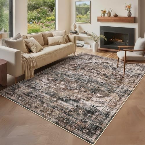 GarveeHome Washable Area Rug 3x5 Vintage Living Room Rug Floral Rugs Carpet Stain Resistant Distressed Rugs Indoor Floor Cover for Bedroom Dining Room Home Office Brown - color: Brown, size: 3' x 5' (Rectangular)