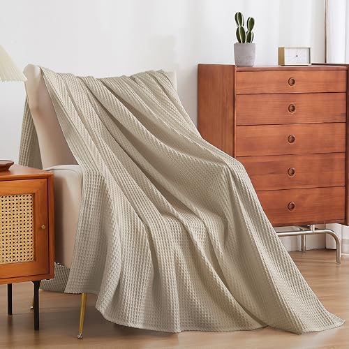 100% Egyptian Cotton Waffle Weave Throw Blanket for Bed Couch Sofa Home Decor, Soft Lightweight Bed & Couch Blanket for All Seasons (Light Khaki - Twin Size - 66 * 90") - color: Light Khaki, size: Twin - 66*90''