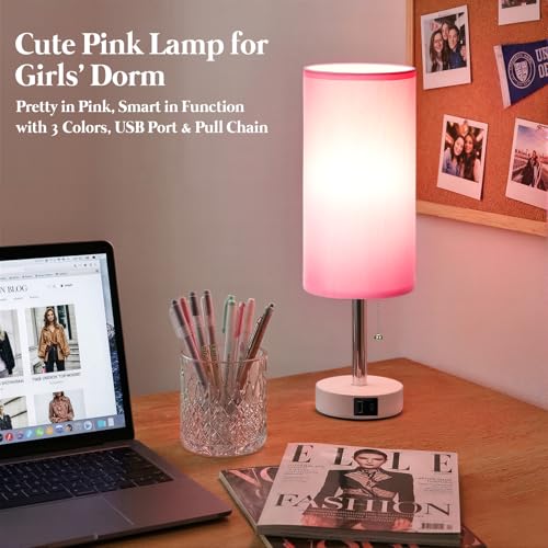 Dicoool Pink Bedside Table Lamp for Bedroom, Small Nightstand Lamp for Girls Kids, 3 Color Temperatures & USB Charging Port, Cute Desk Lamp for Teens Room Decor, Dorm Room Essentials - color: Pink-White