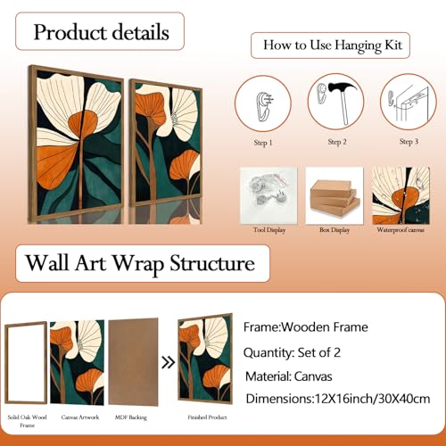 Mid Century Modern Flower Wall Art Vintage Abstract Botanical Wall Decor Painting Set of 2 Mid Century Boho Dark Floral Poster Canvas Print Pictures for Living Room Bedroom 12x16 inch Wood Framed - color: Floral B, size: 16"L x 12"W