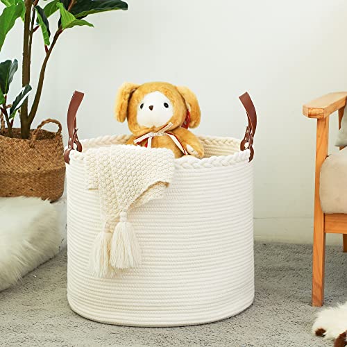 KAKAMAY Large Blanket Basket (18"x16"),Woven Baby Laundry Hamper,Cotton Rope Blanket Basket for Nursery, Laundry, Living Room, Pillows, Baby Toy chest with Leather Handles (White) - color: White