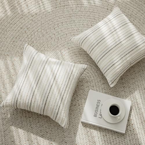 Set of 2 Multicolor Candlewick Striped Boho Throw Pillow Covers, Textured Cotton-Linen Woven Pillow Covers for Couch and Bed - 18"x18", Cream