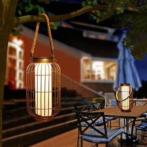 pearlstar Large Solar Powered Lantern Outdoor-Heavy Duty Metal Hanging Lights Decorative Solar Table Lamp Waterproof for Outside Patio Yard Garden Porch Tabletop Decor (Copper) - color: Copper