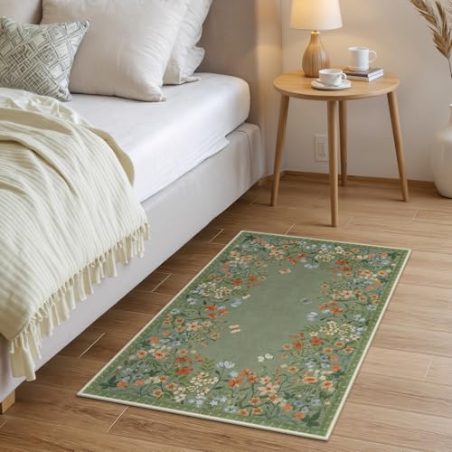 Wonnitar 2x3 Washable Area Rug, Green Floral Entryway Rug, Boho Small Non Slip Rug for Bathroom, Soft Kitchen Accent Carpet, Ultra Thin Bedside Laundry Decor (2x3 Green) - color: Green, size: 2' x 3' (Rectangular)