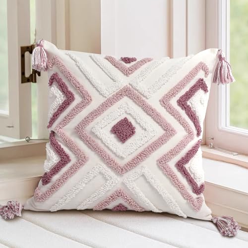Boho Pillow Covers 18X18 Inch Boho Tufted Throw Pillow Covers Decorative Tassels Cushion Cover Farmhouse Pillow Case for Couch Sofa Bed Living Room Bedroom, Pink - color: Boho Multi-pink, size: 18" x 18" (Pack of 1)