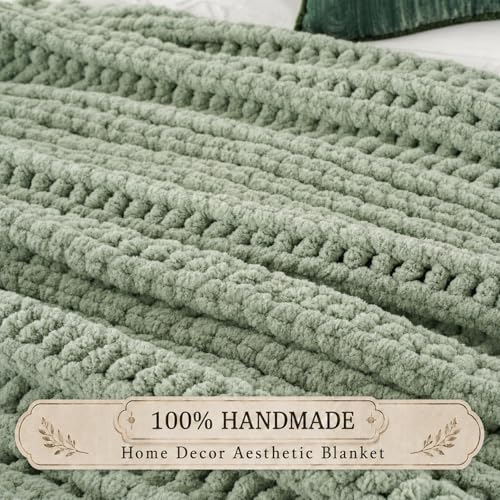 Battilo Chunky Knit Throw Blanket for Couch, Hand Made Chenille Throw Blanket, Super Soft Warm Cozy Sage Green Blanket for Bed, Sofa, Living Room, 50"x60" - color: Sage Green