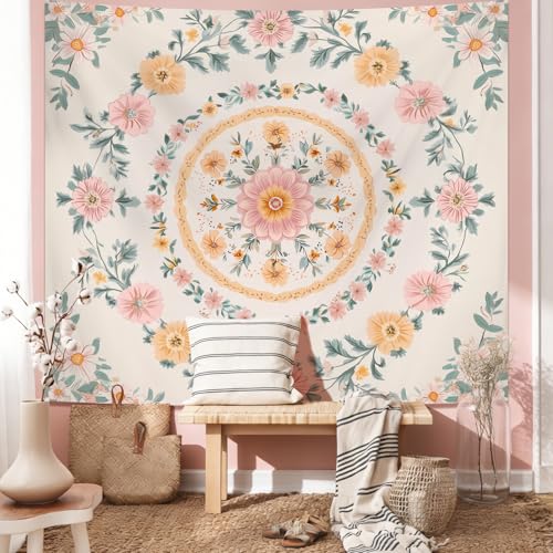 Alened Boho Mandala Tapestry Wall Hanging decor,Pink Floral hippie Tapestries,Decor for Bohemian bedroom Aesthetic（51"×60"） - color: pink Tapestry, size: 60"L x 51"W