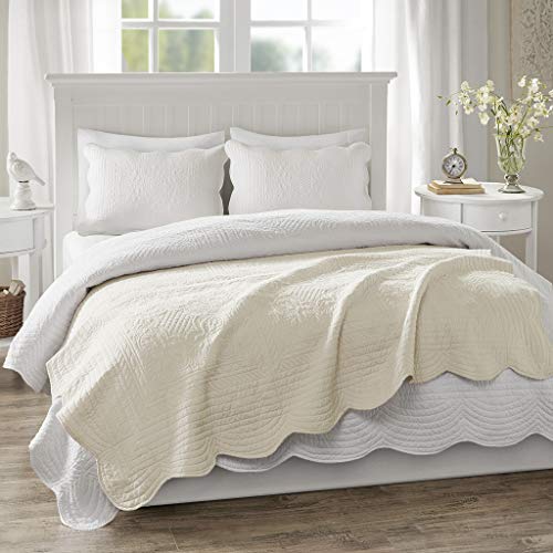 Madison Park Luxe Quilted Throw Blanket - Damask Stitching Design, Cotton Filled Spread, Ultra Soft, Cozy Bedding for Living Room Couch, Sofa, Bed, 60x72", Scalloped Borders Cream - color: Scalloped Edges Cream, size: 60"x72"