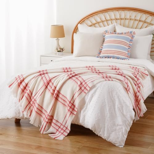 Battilo Cream Plaid Throw Blanket for Couch Bed, Farmhouse Mohair Blankets Throws, Soft Cashmere Tartan Plaid Throws, Red Christmas Stripe Throw Blankets for Home Decor(50"x60") - color: Red Stripe