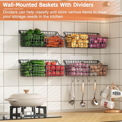 4 Pack EXTRA LARGE Hanging Wall Mount Storage Baskets With Divider, Metal Wire Basket With 4 Strong Adhesive Hooks +5 S Hooks,Organizing Wall Shelf for Home Kitchen Bathroom Pantry Garage RV, Black - size: 16.14''L x 6.06''Wx 5.91'' H- With Divider-4Pack