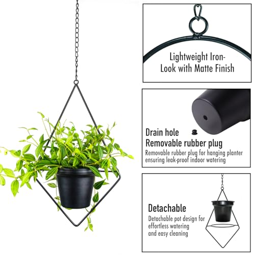 Modern Metal Hanging Planters Set of 2 - Round and Diamond Geometric Plant Hangers with 5 Inch Pots - Black Wall and Ceiling Mount Flower Holders for Indoor Houseplants, Boho Home Décor - size: CIRCLE+DIAMOND - 5 INCH POT