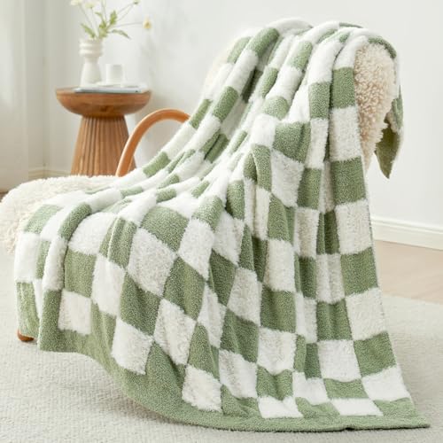 Snuggle Sac Faux Fur Checkered Blanket Twin Size with Soft Knitted Microfiber,Cozy Soft Warm Blanket for Sofa Bedroom Living Room,St Patricks Day Gift,Sage Green Checker,60x80 inches - color: Green White, size: Twin(60"x80")