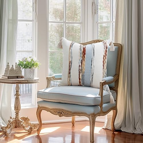 decorUhome Boho Decorative Throw Pillow Covers 18x18 Set of 2, Striped Chenille Tufted Pillow Covers with Tassels for Couch Bed Sofa, Cream White and Light Blue - color: Cream White and Light Blue