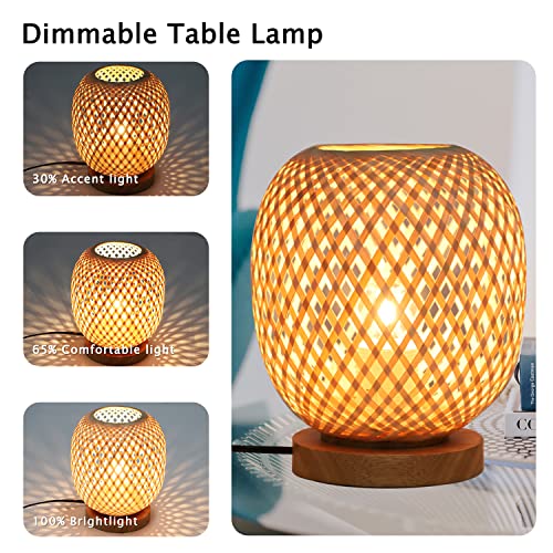 Capslpad Dimmable Rattan Table Lamp - Bamboo Woven Handmade Boho Beside Light, Small Wicker Desktop Nightstand Accent for Kids Living Room, Bedroom, Dorm Decor