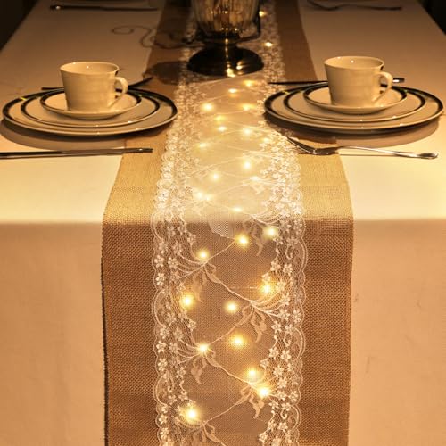 Xinnun 6 Pack Burlap Table Runner with Warm LED Lights,Rustic Lace Wedding Table Decor,Boho Farmhouse Jute Runner for Reception Bridal Shower Party(Fashion,12x70 Inches) - size: 12x70 Inches, style: Fashion