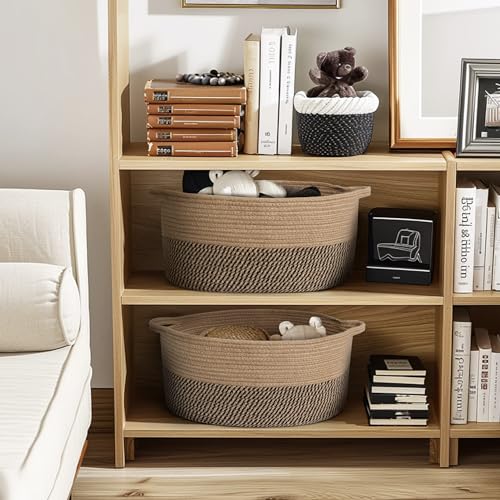 MEGASKET Jute Wicker Basket with Handles, 17"x12"x8" Medium Woven Storage Baskets for Organizing Kids Toy, Gifts, Book, Towel, Cloth, Boho Storage Bin for Shelves, Entryway, Closet, Home Decor - color: Black Stripes and Jute
