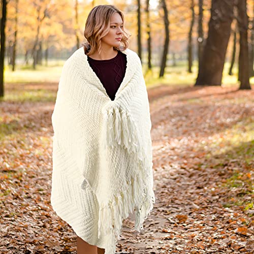 HOMEIDEAS Warm Tassel Knit Blanket Throw Size for Couch Sofa Bed, Cream Thick Knitted Armchair Office Chair Throw Blankets, Winter Chunky Blankets(50x60) - color: 750gsm Ivory/Cream