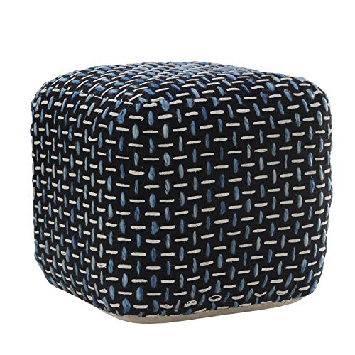 LR Home Hand-Woven Black/White/Blue Geometric Cotton Square Ottoman Pouf for Home Decor | Indoor Foot Rest for Bedroom & Living Room | 16 x 16 x 16 Stuffed Ottoman for Seating - color: Black/Blue/White, size: 16"D x 16"W x 16"H