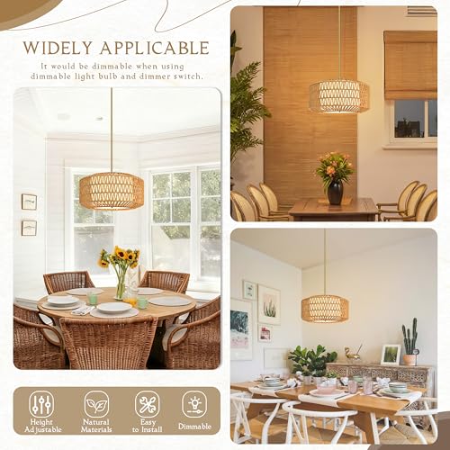 18 inch Natural 3 Light Rattan Light Fixture Woven Pendant Lights Rattan Farmhouse Chandeliers Fabric Shade Boho Chandelier for Dinning Room Kitchen - color: 18"-Natural-Prism