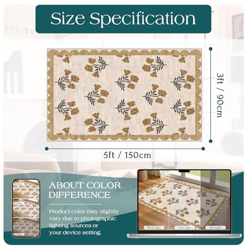 3x5 Floral Entry Rug - Small Washable Indoor Outdoor Mats for Front Door Non-Slip Porch Rug Beige Vintage Farmhouse Throw Rugs for Living Room Bedroom Entryway Kitchen Office Porch Decor - color: Flower - Beige, size: 3' x 5' (Rectangular)