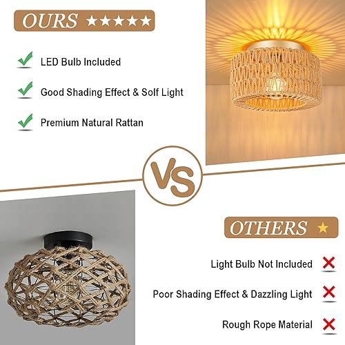 SineRise Rattan Ceiling Light Fixtures (12-Inch, LED Bulb Included), Hand-Woven Boho Flush Mount Ceiling Light, Rattan Chandelier for Hallway Kitchen Farmhouse Foyer Entryway Living Room(Gold) - color: Gold, size: Small