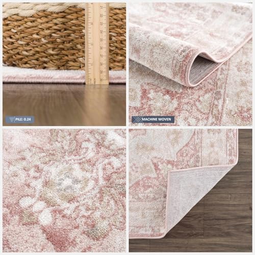 BoutiqueRugs Pink Oriental Traditional 8ft Square Area Rug Cream Plum Beige Floral Medallion Kandos Living Room Bedroom Dining Room Home Office Apartment 7'8" Square Stain Resistant Non-Shedding - color: Cream/Pink/Plum, size: 7'10" x 7'10" (Square)