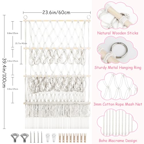 3 Tier Stuffed Animal Storage Shelf Net, 24x39 Inch Large Plushie Net w/LED Light & Clips for Mini Medium Stuffy Teddy, Beige Boho Macrame Wall Toy Holder Display for Nursery Kids Girls Boys - color: Beige, size: Large-3 Tier-24x39 Inch