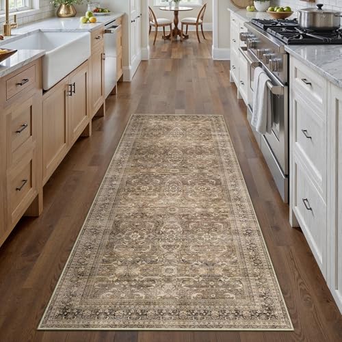 HUGEAR 2x6 Runner Rug Hallway Vintage Brown Machine Washable Retro Floral Low Pile Carpet Vacuumable Distressed Long Throw Rug Bedroom Office Bathroom Kitchen Laundry Non Slip Soft Lightweight - color: Retro | Brown, size: 2' x 6' (Runner)