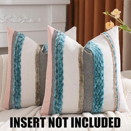Turquoise Pillow Covers 18x18 Set of 2 Blue Coastal Throw Pillow Covers Boho Farmhouse Beach Pillow Cover Striped Decorative Pillow Case Accent Chenille Pillowcase for Home Decor - color: Blue Stripe, size: 18" x 18" (Pack of 2)