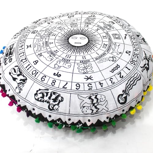 Round Mandala Floor Pillow Cover Seating Cushion Throw Cover Hippie Decorative Bohemian Ottoman Pouf Cover, Pom Pom Pillow Cases,Boho Indian 32 Inches Black and White Zodiac - color: Black/White Zodiac, size: 32" Round