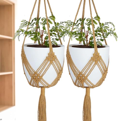 2 Pack Macrame Planter Hanger for up to 8" Pot, Indoor Hanging Planter | Plant Hanger Indoor, Hanging Plants Holder Basket | No Plant or Pot Included - color: Caramel