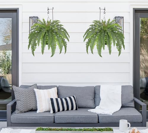 Hollyone 33" Artificial Boston Fern Hanging Basket Large 39 Leaves Fake Ferns in Rattan Pot Greenery Plants for Outdoors & Indoor Faux Fern Bush Basket Plant Patio Garden Home Decor Dusty Green - color: Hanging Basket - Dusty Green Large