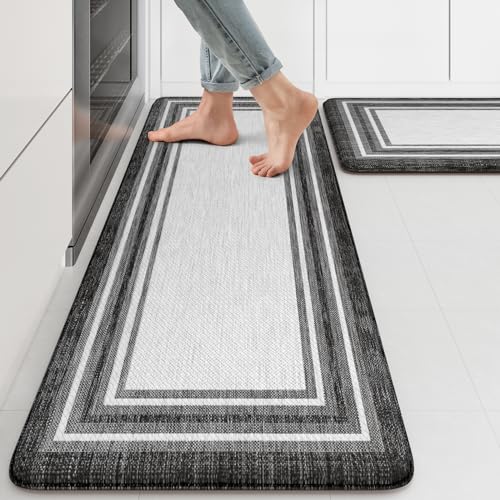 KIMODE Anti Fatigue Kitchen Mat for Floor 2PC,Kitchen Rugs Non Slip Rubber Backing,Waterproof Farmhouse Kitchen Floor Mat,Cushioned Standing Mat for Home Decor,Office,Laundry,Sink,Desk,Black and Grey - color: Black, size: 17.3" x 47 "+ 17.3" x 29 "--0.47