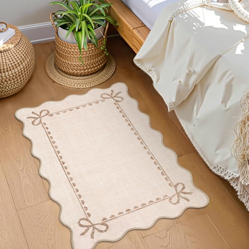 GarveeHome Scalloped Bow Rug for Kitchen Floor, Solid Beige Rug for Dorm, Washable Entryway Rugs 2x3 Soft Low Pile Non Slip Scalloped Rugs for Nursery Bedroom Decor Hallway - color: Beige, size: 2' x 3' (Rectangular)