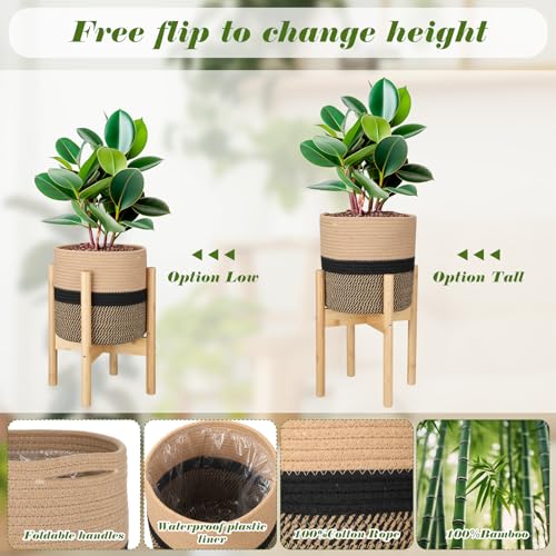 Plant Basket with Stand Indoor Planter Pot Holder Sturdy Jute Rope Modern Woven Basket, Cotton Rope Woven Pot with Bamboo Stand(10 Inch,Black and Beige Stripes) - color: Black and Beige Stripes, size: 10 Inch