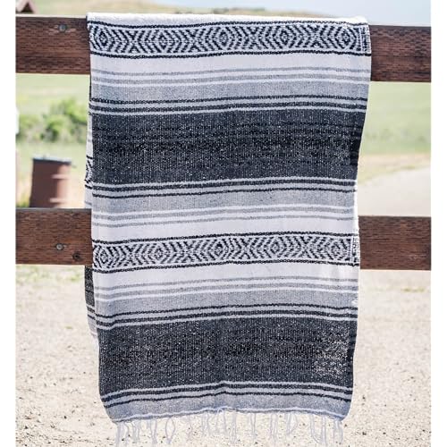 Benevolence LA Authentic Mexican Blanket – Handwoven Falsa Serape Throw – Beach, Camping, Picnic & Yoga Blanket – Lightweight Cotton Throw for Outdoor & Home – Gray, 50x70 in - color: Gray